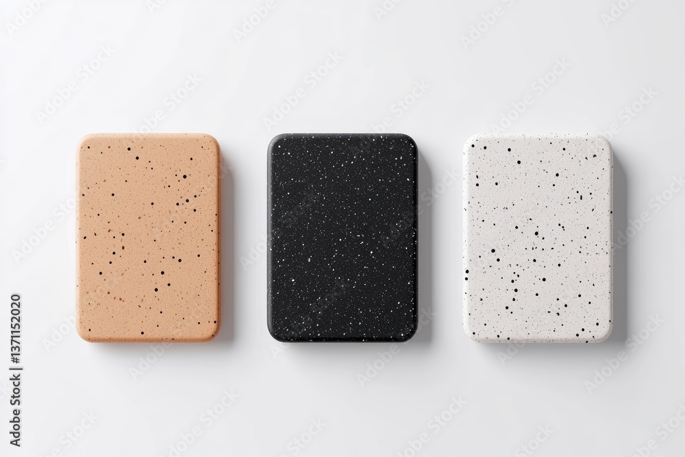 Three rectangular, flat objects with a speckled surface in beige, black, and white Three rectangular, flat objects with a speckled surface in beige, black, and white