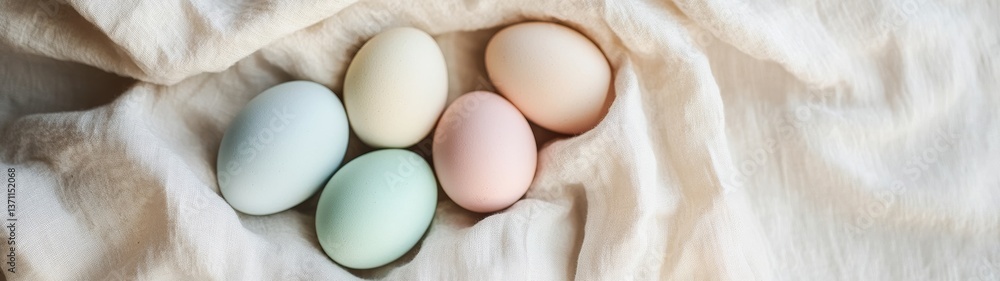 Soft Pastel Easter Eggs on Cream Textile Background Soft Pastel Easter Eggs on Cream Textile Background