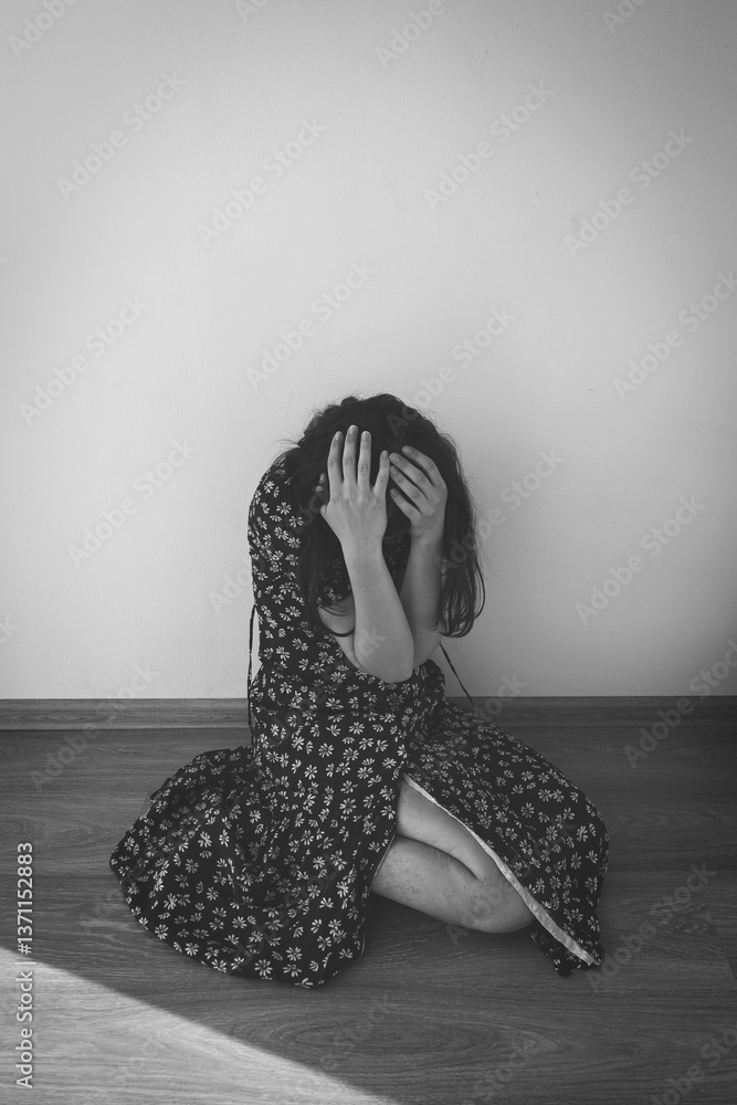 Fototapeta premium black-white photo young woman in floral torn dress sitting on floor covering head and face with hands, victim of domestic violence. vertical