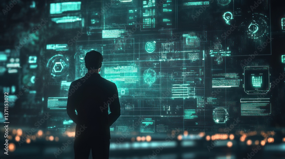 Man Viewing Digital Interface with Data and Abstract Visualizations Concept Man Viewing Digital Interface with Data and Abstract Visualizations Concept