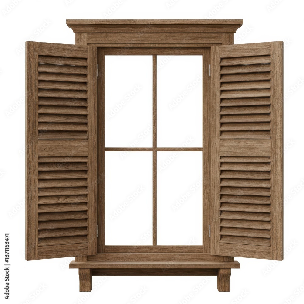 Obraz premium Rustic wooden window frame with open shutters and louvered panels on a white background
