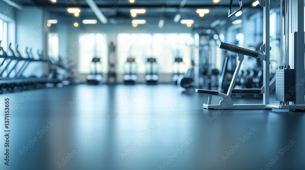 Fototapeta premium An empty gym room with row of machines. Fully equipped gym. A room with exercise equipment and a chair. A vacant gymnasium featuring a line of exercise machines lifestyle.