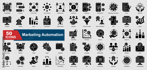 Marketing Automation glyph icons featuring automation, CRM, email marketing, customer retention, analytics, chatbot, and more. Perfect for illustration and design.