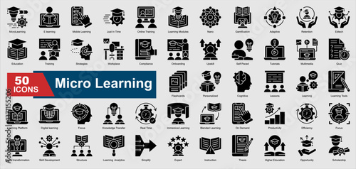 A collection set of Micro Learning glyph icons featuring e learning, mobile learning, tutorials, education, gamification, digital training, workplace upskilling, and more. Perfect for illustration
