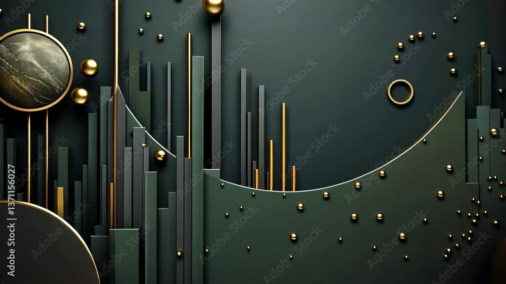 Modern abstract art with dark teal and gold accents.  Geometric shapes and spheres create a dynamic backdrop