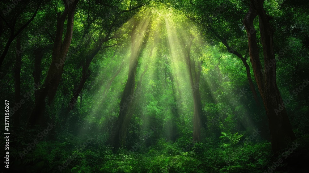 Obraz premium Sunlight filtering through a lush forest canopy