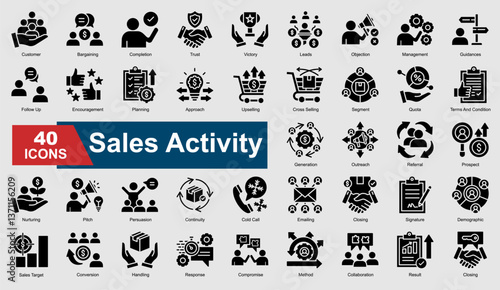 A collection set of  glyph style Sales Activity icons. Includes conversion, leads, trust, closing, follow-up, and more. Perfect for illustration and design.