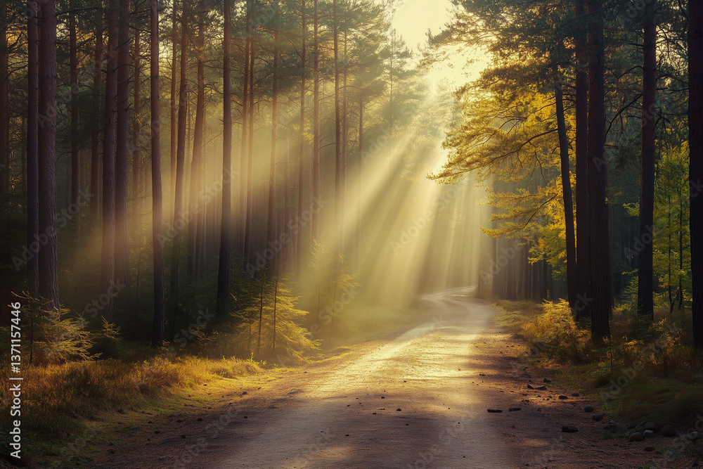 Fototapeta premium Magical forest in the morning sunlight rays