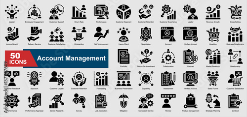 A collection set of glyph Account Management icons. Includes customer retention, negotiation, portfolio, sales funnel, collaboration, and more. Perfect for illustration and design.
