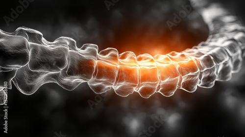 Spine visualization glowing with orange light against black background, illuminating vertebral anatomy for medical education and healthcare concepts
