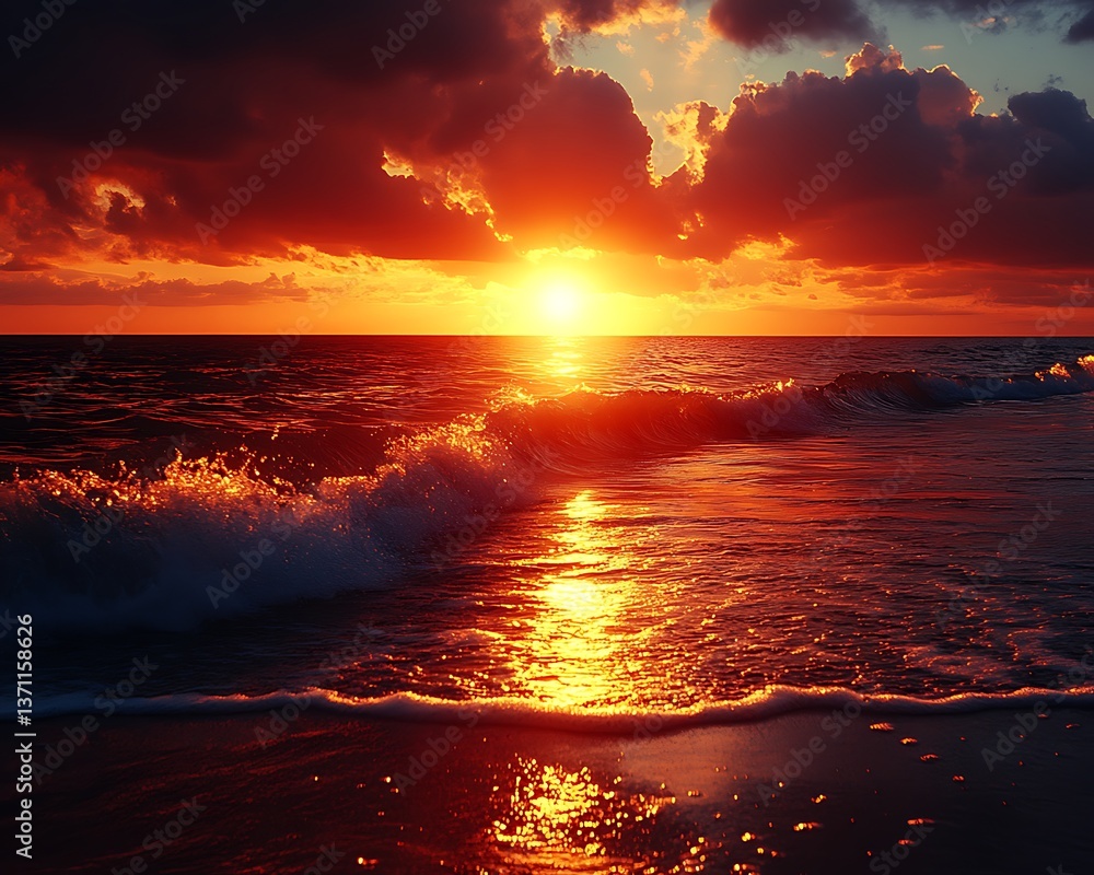 A beautiful sunset over the ocean with fiery colors A beautiful sunset over the ocean with fiery colors