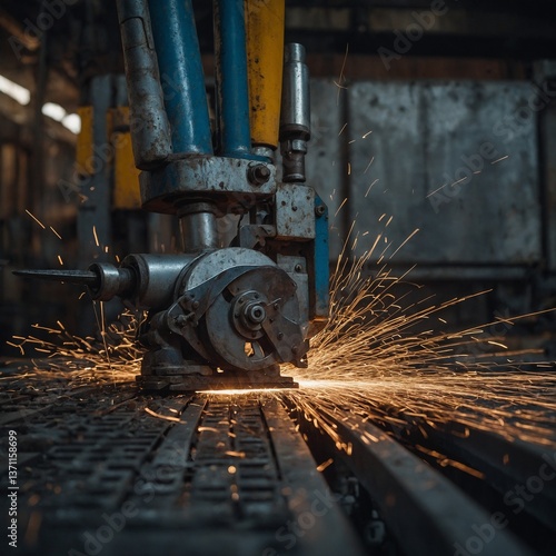 A hydraulic shears machine cutting through steel bars.