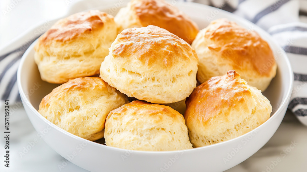 Fluffy golden homemade buttermilk buns in a white bowl on kitchen table Fluffy golden homemade buttermilk buns in a white bowl on kitchen table