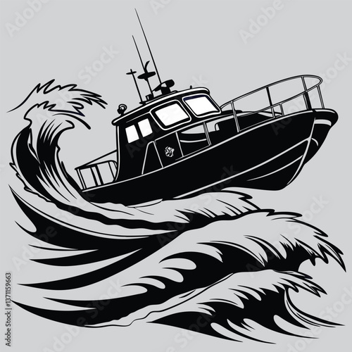 A rescue boat speeding through rough seas image silhouette design vector art and illustration 
