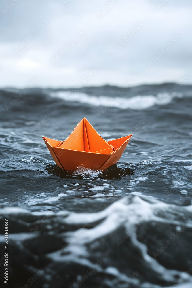 Small orange paper boat navigating through choppy waters - Small orange paper boat navigating through choppy waters -