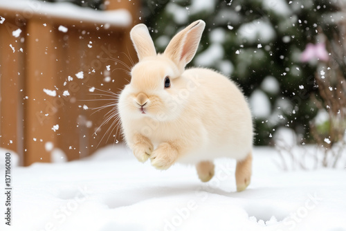 Fluffy bunny hopping joyfully through fresh snowflakes in winter