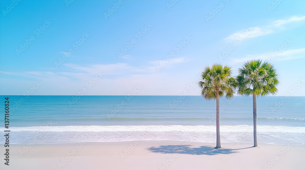 Two palm trees on a tranquil beach under a bright blue sky Two palm trees on a tranquil beach under a bright blue sky