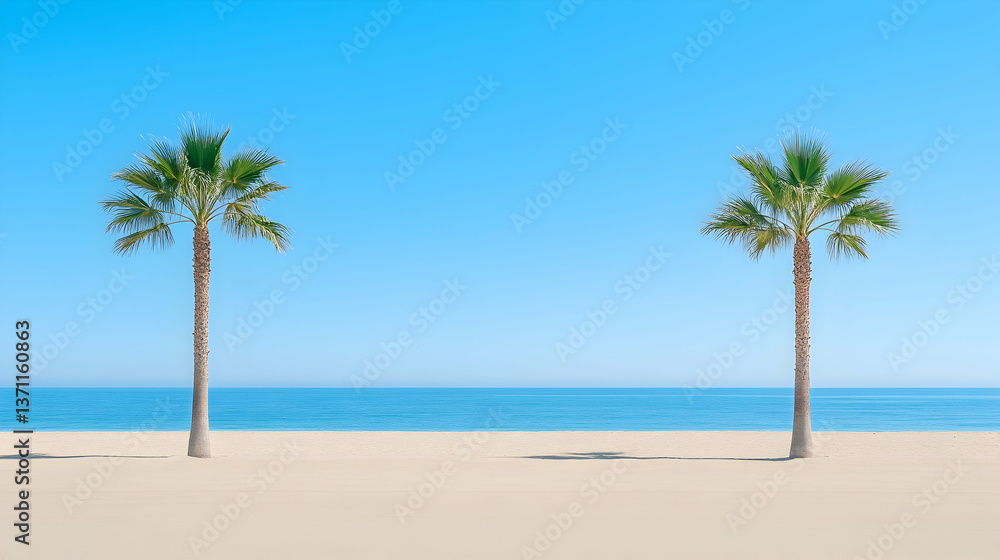 Obraz premium Two palm trees on a tranquil, sunny beach