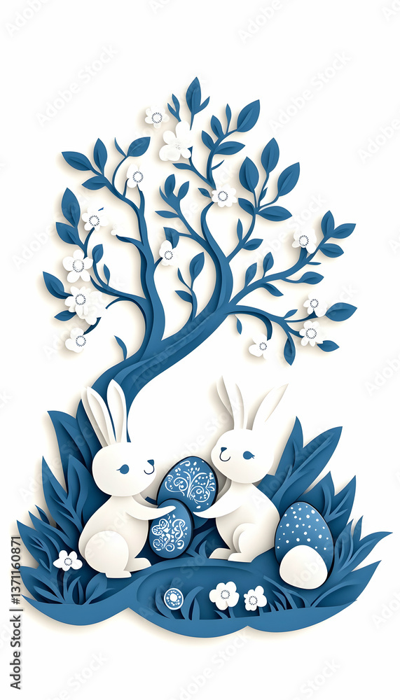 Obraz premium Two paper rabbits nestled under a flowering tree with Easter eggs