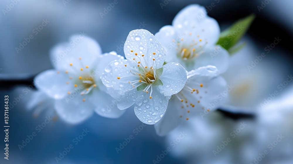 Delicate white blossoms with dew drops Delicate white blossoms with dew drops
