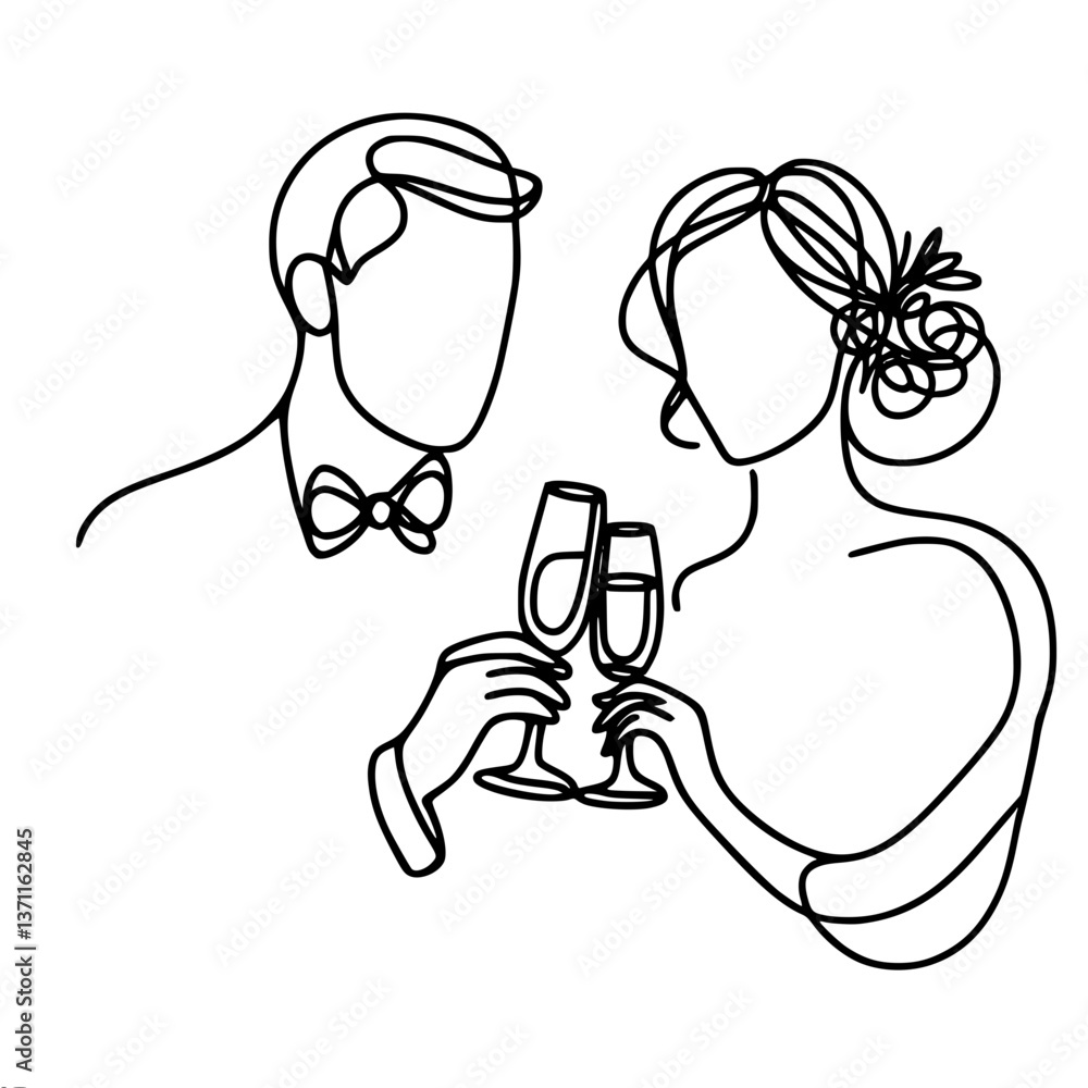 Elegant couple celebrating with champagne in a minimalist style, single line vector drawing Elegant couple celebrating with champagne in a minimalist style, single line vector drawing