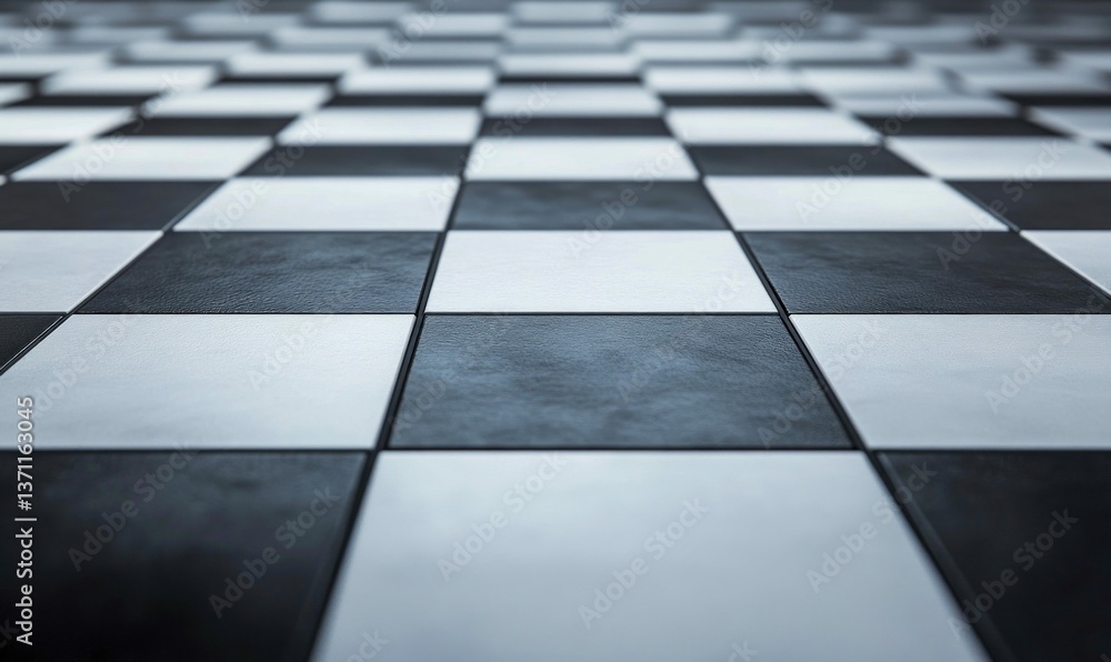 Naklejka premium Close-up of a black and white checkered tile floor creating a visually interesting pattern.