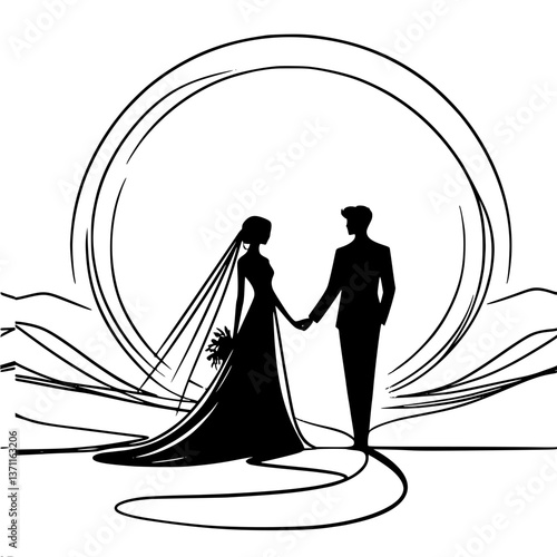 Silhouette couple holding hands, celebrating love against sunset  , single line vector drawing