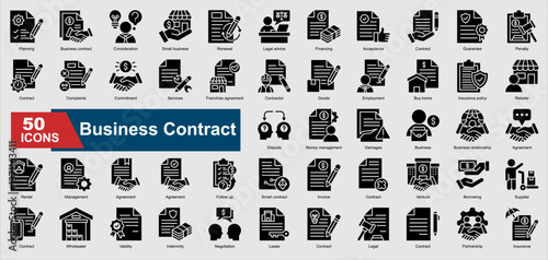 A collection of glyph Business Contract icons. Includes agreement, negotiation, legal, invoice, franchise, and more. Perfect for illustrations and designs.