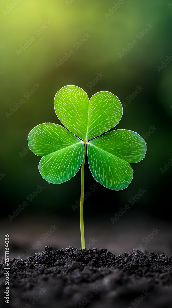 Naklejka premium Vibrant green three-leaf clover sprout emerging from dark soil