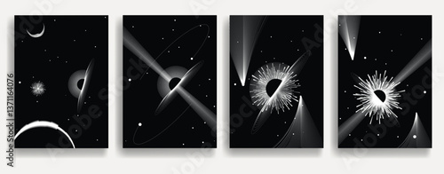 Black hole with disc of plasma eating dying star in space. Supermassive singularity in core off a galaxy, with lines . Event horizon .Vector illustration
