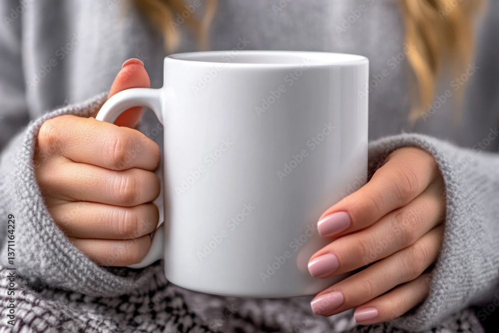 Cozy moment with a plain white ceramic mug held in warm hands Cozy moment with a plain white ceramic mug held in warm hands