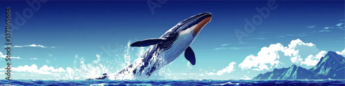 Stunning Vector Illustration of Majestic Humpback Whale Breaching Ocean Surface Amidst Beautiful Blue Sky and Scenic Mountains Ideal for Marine Life Art and Design Uses