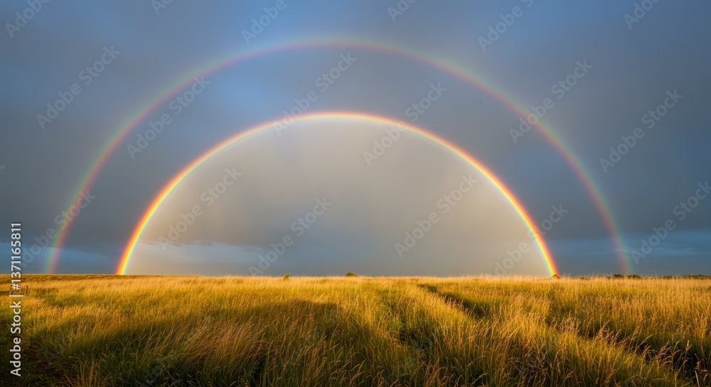 Naklejka premium Vibrant double rainbow spanning a serene grassy landscape under a partly cloudy sky, evoking a sense of tranquility and hope