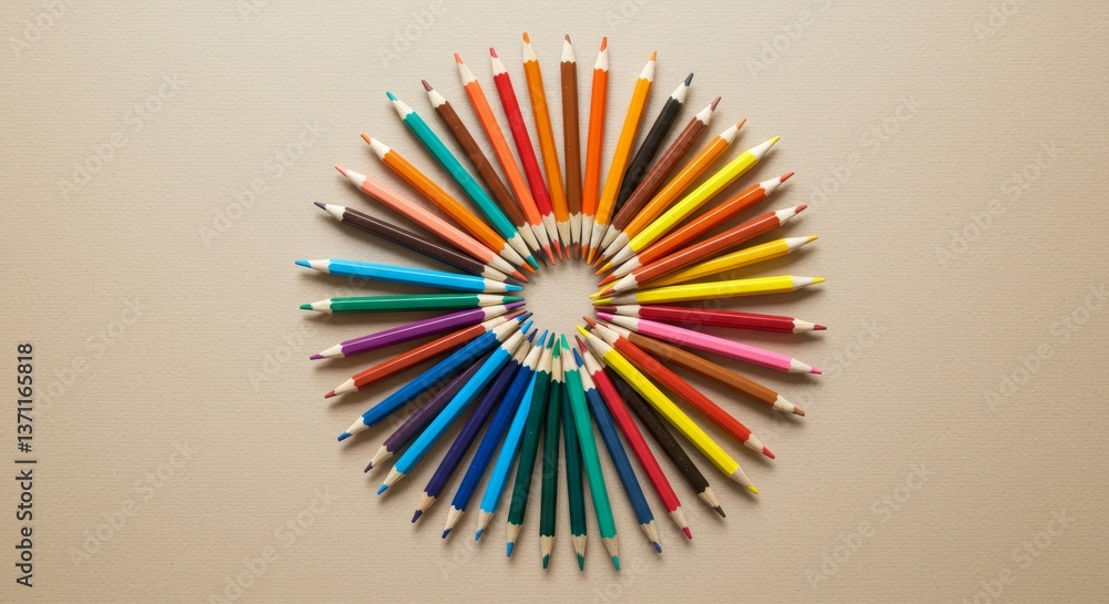 Colorful circular arrangement of colored pencils on textured beige background representing creativity and design