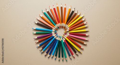 Obraz na płótnie Colorful circular arrangement of colored pencils on textured beige background representing creativity and design w salonie