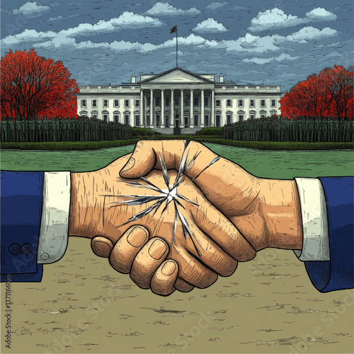 Vector illustration of handshake with cracking effect symbolizing fragile agreement political tension diplomatic relations conflict outside White House United States
