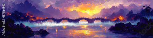 Stunning Vector Illustration of Asian Landscape at Sunset with Ancient Stone Bridge Reflecting on Misty River Surrounded by Mountains and Traditional Eastern Architecture