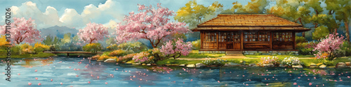Enchanting Japanese Garden with Blossoming Cherry Trees Peaceful Lake Wooden Tea House Stone Path Bridge Spring Landscape Nature Scenic Serene Outdoor Beautiful Scene