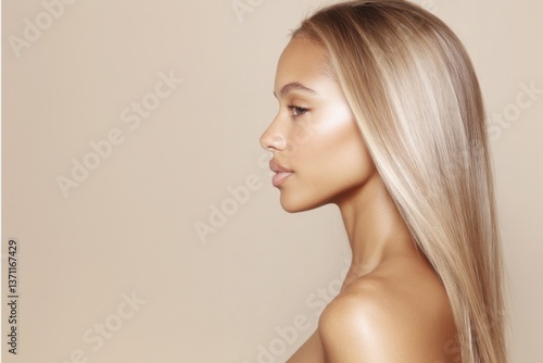 Biracial model with sleek long blonde hair extensions wig in profile, minimalist beauty aesthetic — editorial content for branding, social media, Instagram, websites, content marketing
