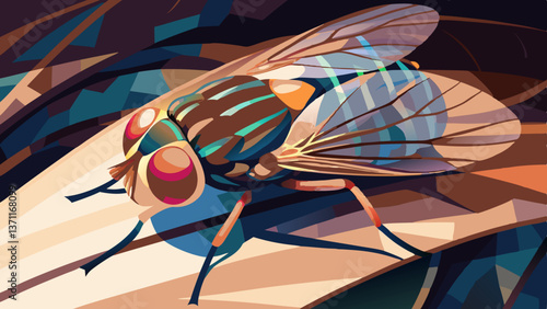 Leafhopper insect looking at camera, geometric colorful wings on stylized leaf surface, abstract vector design, bug life concept for science media, illustration stock, entomology