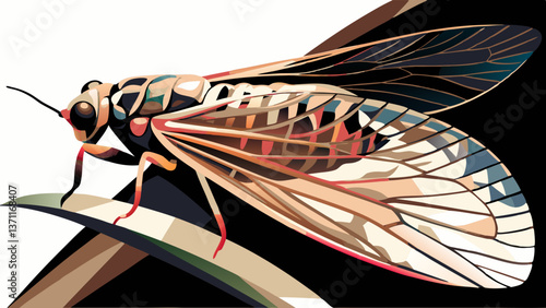 Leafhopper looking sideways, perched on stylized leaf with glowing wings, abstract vector bug concept for garden brands, science books, eco lifestyle content