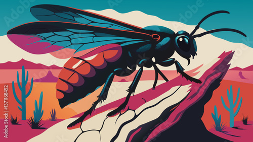 Tarantula hawk wasp looking to side, vivid blue and orange wings over desert backdrop, bold vector style, desert predator concept for documentaries, nature museums, science publishers
