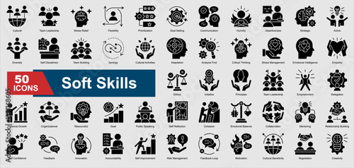 A collection set of glyph Soft Skills icons. Includes communication, teamwork, leadership, adaptability, emotional intelligence, and more. Perfect for illustration and design.