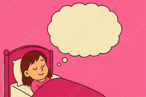 Vector Illustration of Sleeping Girl Dreaming in Bed with Blank Thought Bubble Pink Background for Children's Bedtime Routine Sleep Imagination Story Concept Graphic