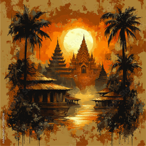 Exotic Asian Temple Vector Illustration with Majestic Pagodas Tropical Palms Serene River Sunset Golden Sun Lush Jungle Landscape Mystical Cultural Spiritual Travel Art