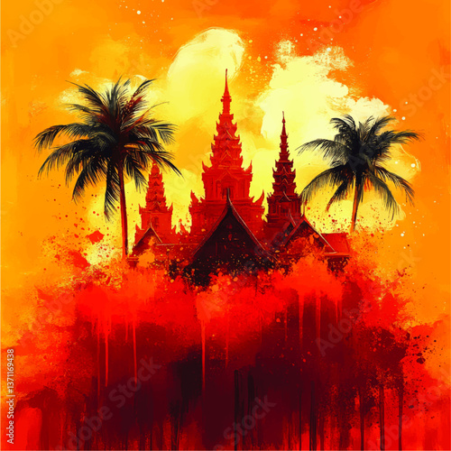 Tropical Vector Illustration of Ancient Asian Temple with Palm Trees in Warm Vibrant Sunset Colors Artistic Abstract Design for Travel Culture and Exotic Destinations