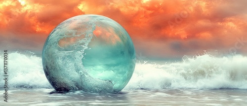 Water sphere on shore reflects ocean, clouds. Waves crash. Moody sky