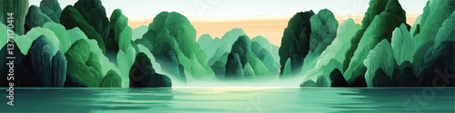 Serene Scenic Vector Illustration of Green Mountains and Lake Landscape Misty Nature Background for Relaxation Meditation Adventures and Artistic Design Inspiration
