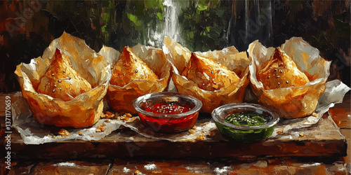 Crispy Delicious Golden Brown Samosas Served With Red and Green Chutney Sauces in Artistic Rustic Setting Appetizing Traditional Indian Vegetarian Snack Food Vector