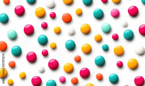 Brightly colored candy drops are scattered on a white surface, creating a cheerful pattern.